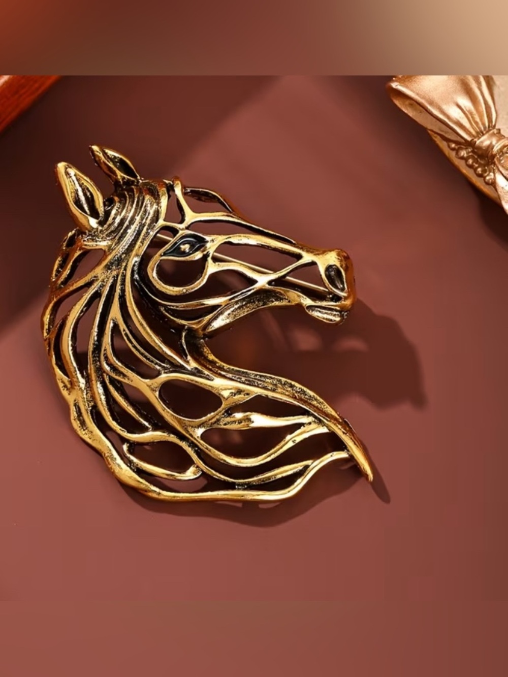 EQUESTRIAN Gold Antique Finish Filigree Brooch
